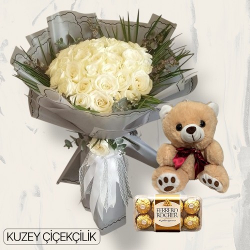 45 Beyaz Gül Buketi Ayıcık 16'lı Ferrero Çikolata