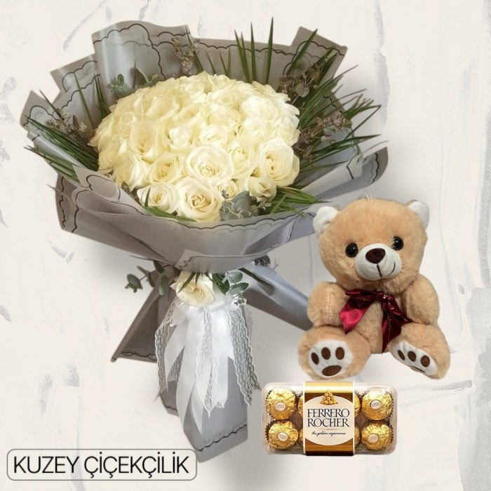 45 Beyaz Gül Buketi Ayıcık 16lı Ferrero Çikolata