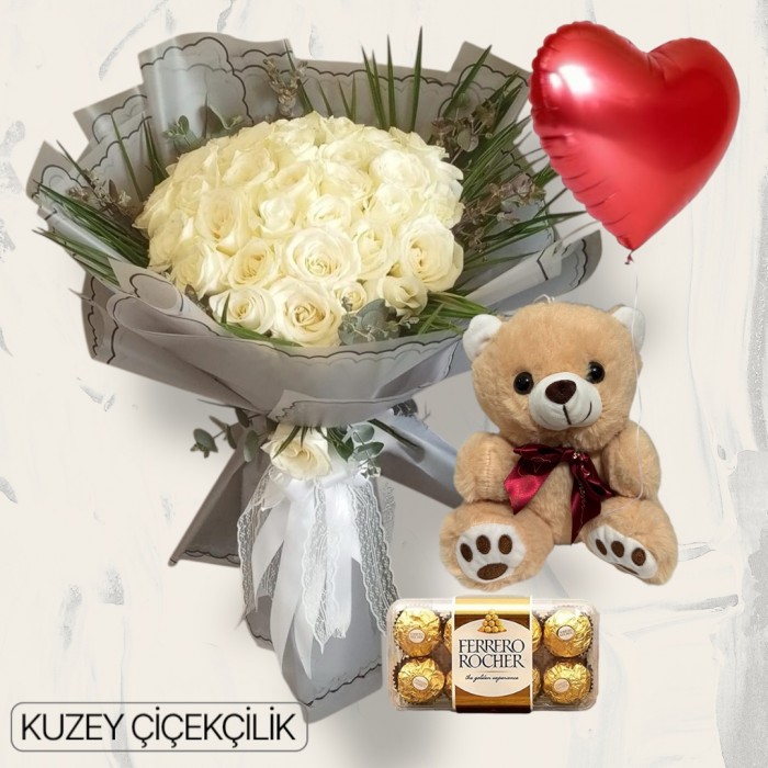 45 Beyaz Gül Buketi Ayıcık 16lı Ferrero Çikolata Kalp Helyum Balon