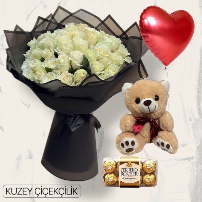 51 Beyaz Gül Buketi Ayıcık 16lı Ferrero Çikolata Kalp Helyum Balon