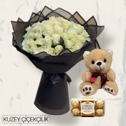 51 Beyaz Gül Buketi Ayıcık 16'lı Ferrero Çikolata