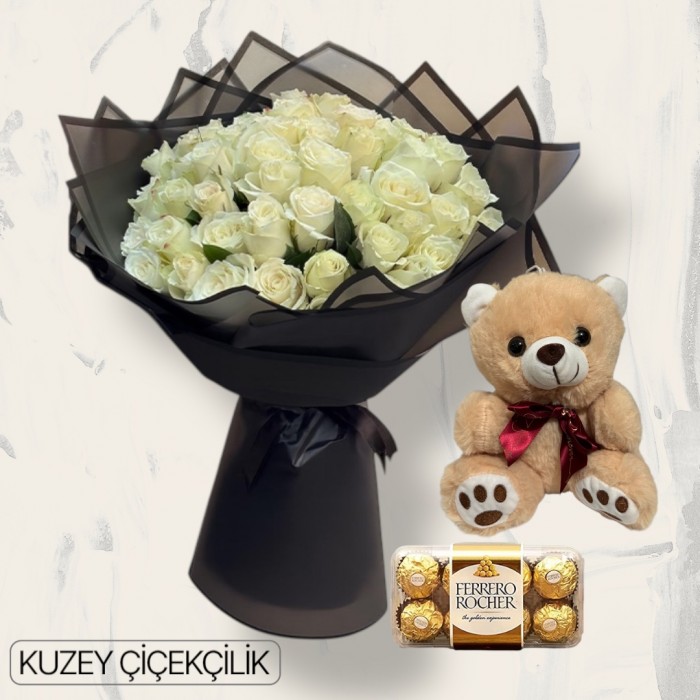 51 Beyaz Gül Buketi Ayıcık 16lı Ferrero Çikolata