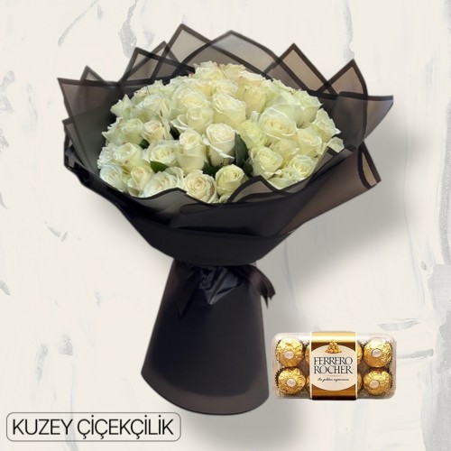 51 Beyaz Gül Buketi 16'lı Ferrero Çikolata