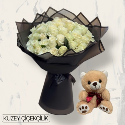 51 Beyaz Gül Buketi Ayıcık