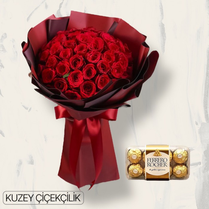 39 Kırmızı Gül Buketi 16lı Ferrero Çikolata
