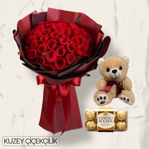 39 Kırmızı Gül Buketi 16'lı Ferrero Çikolata ve Ayıcık