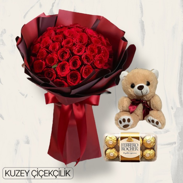 39 Kırmızı Gül Buketi 16lı Ferrero Çikolata ve Ayıcık