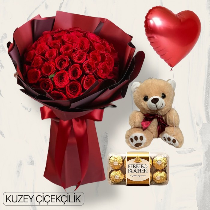 39 Kırmızı Gül Buketi 16lı Ferrero Çikolata Ayıcık Kalp Helyum Balon