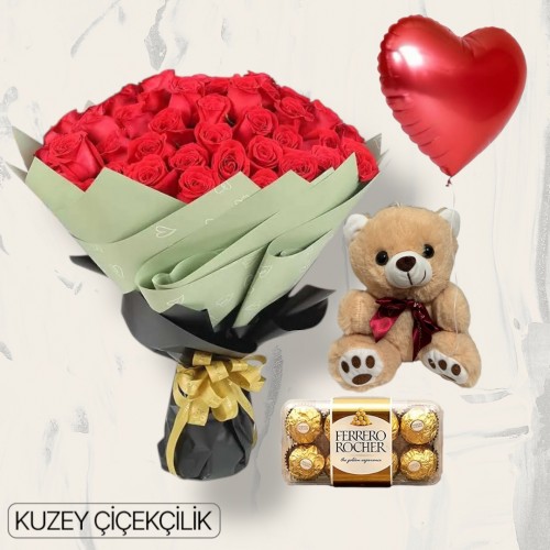 71 Kırmızı Gül Buketi 16'lı Ferrero Çikolata Ayıcık Kalp Helyum Balon