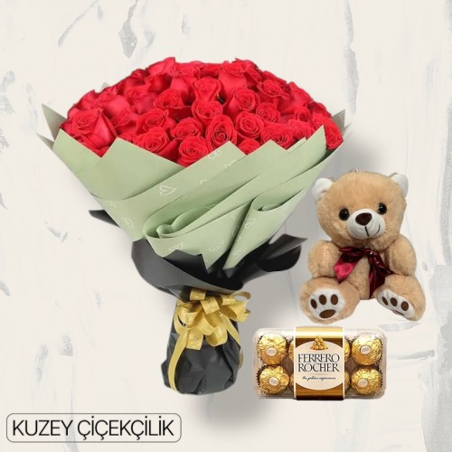 71 Kırmızı Gül Buketi 16'lı Ferrero Çikolata ve Ayıcık