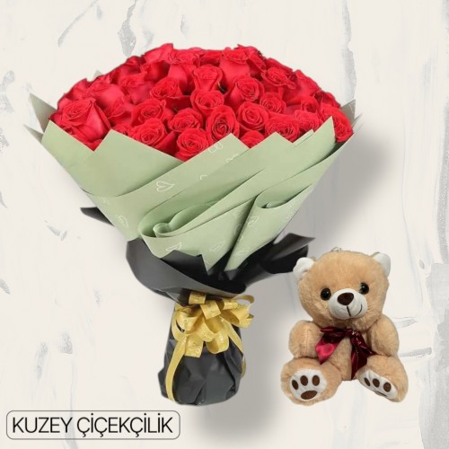 71 Kırmızı Gül Buketi Ayıcık