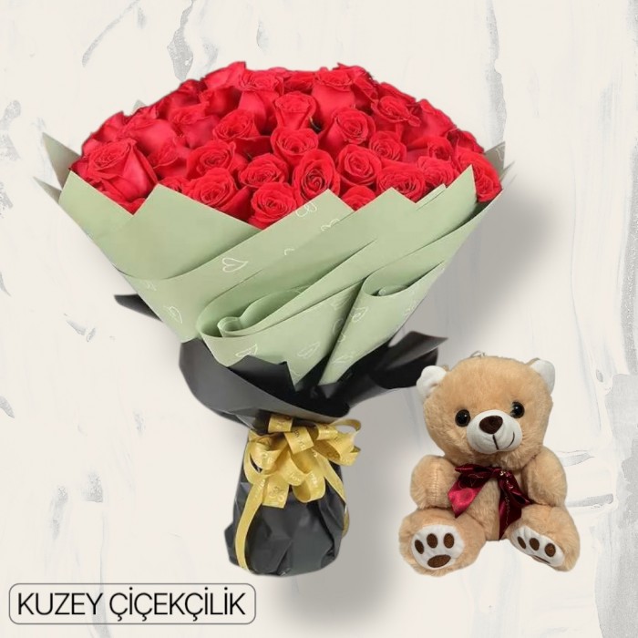 71 Kırmızı Gül Buketi Ayıcık