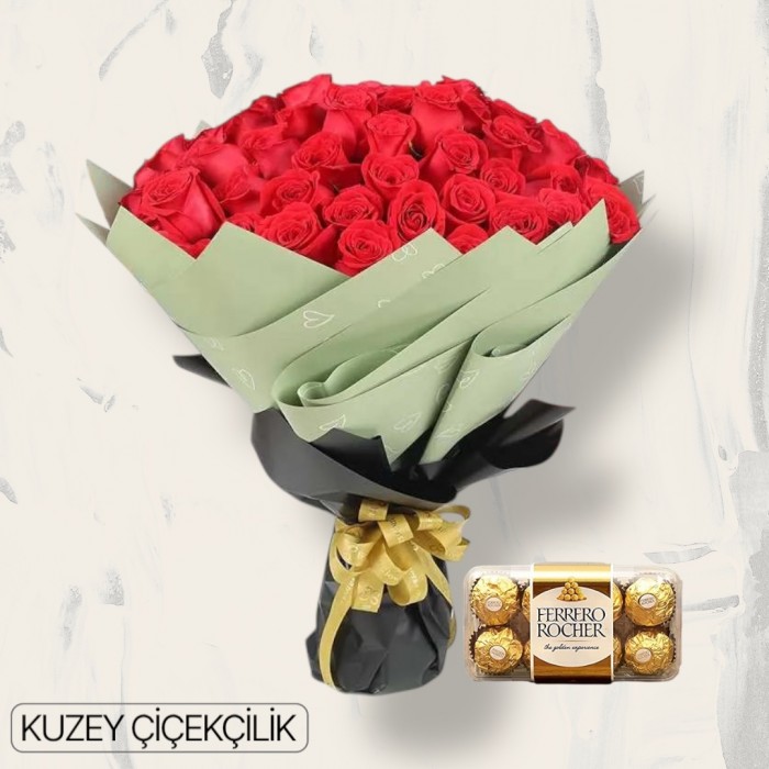 71 Kırmızı Gül Buketi 16lı Ferrero Çikolata