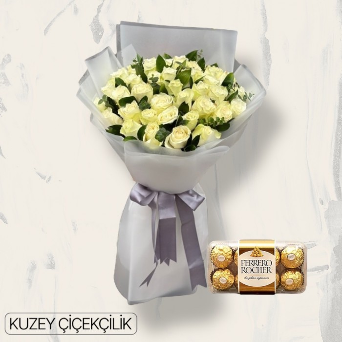 30 Beyaz Gül Buketi 16lı Ferrero Çikolata