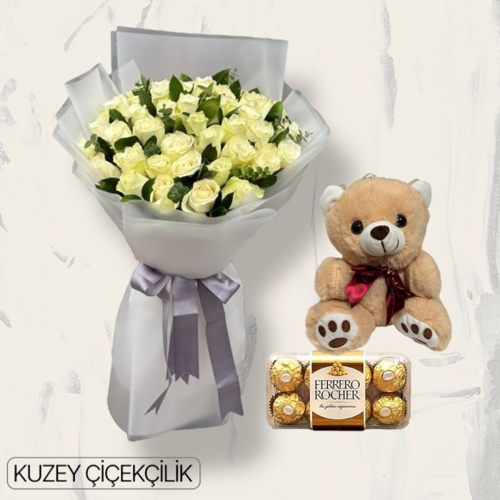 30 Beyaz Gül Buketi Ayıcık 16lı Ferrero Çikolata