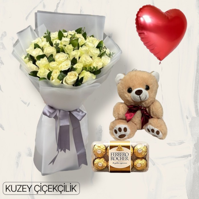 30 Beyaz Gül Buketi Ayıcık 16lı Ferrero Çikolata Kalp Helyum Balon