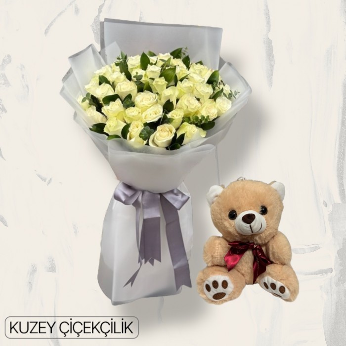 30 Beyaz Gül Buketi Ayıcık