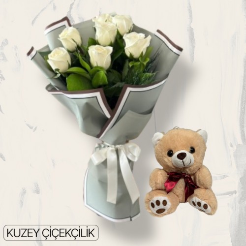 7 Beyaz Gül Buketi Ayıcık