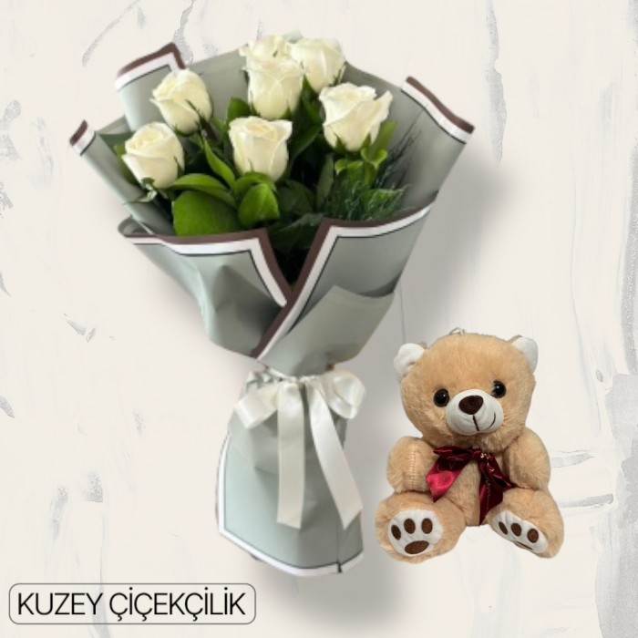 7 Beyaz Gül Buketi Ayıcık