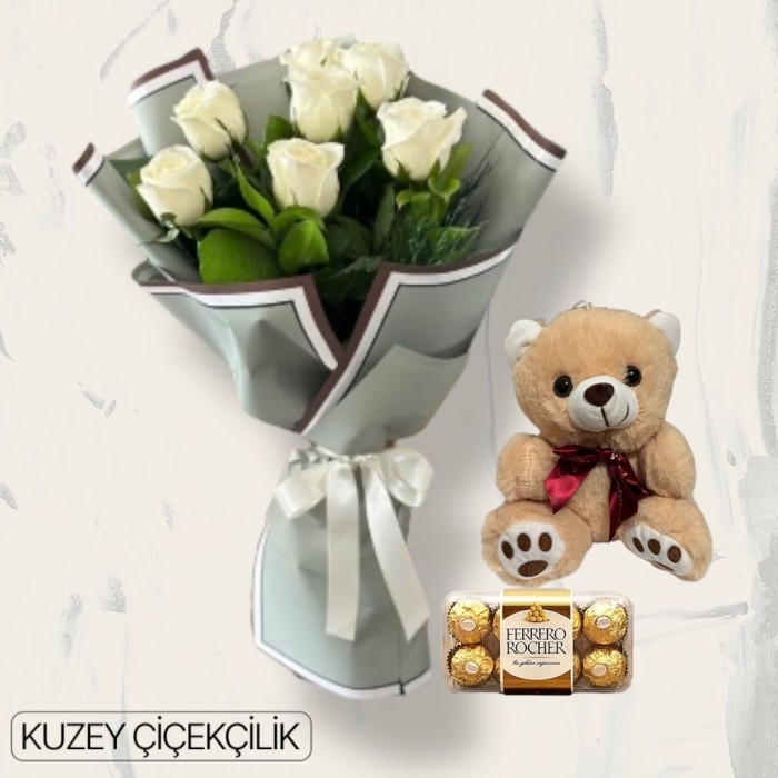 7 Beyaz Gül Buketi Ayıcık 16lı Ferrero Çikolata