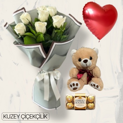 7 Beyaz Gül Buketi Ayıcık 16'lı Ferrero Çikolata Kalp Helyum Balon