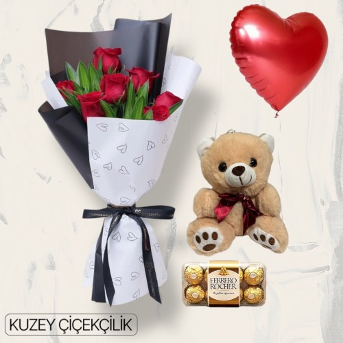 7 Kırmızı Gül Buketi 16'lı Ferrero Çikolata Ayıcık Kalp Helyum Balon