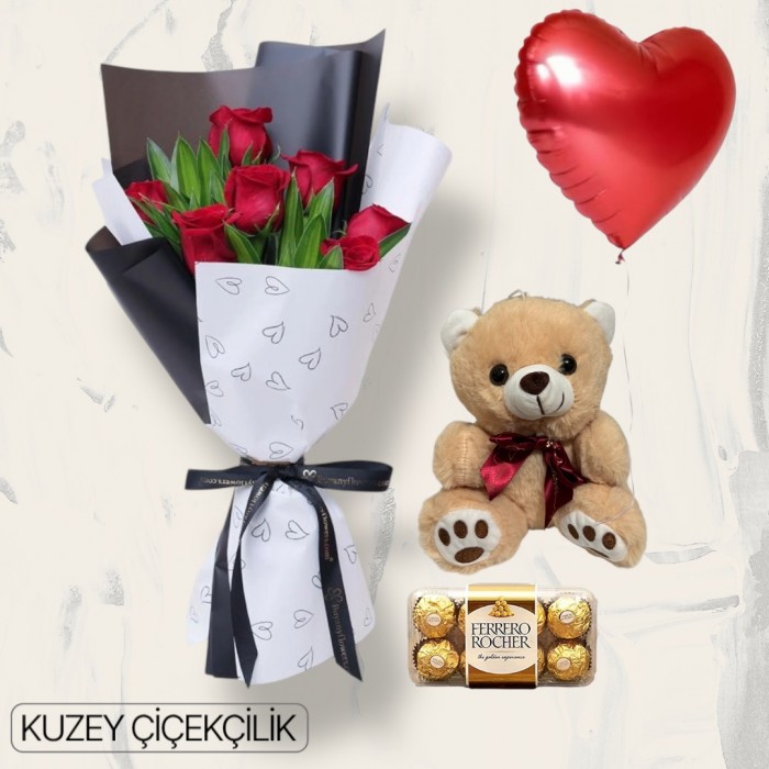 7 Kırmızı Gül Buketi 16lı Ferrero Çikolata Ayıcık Kalp Helyum Balon