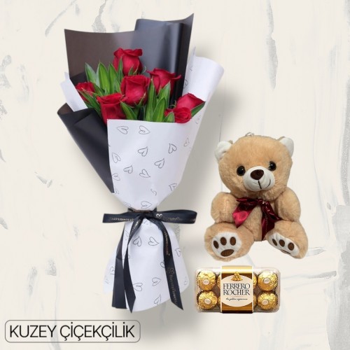 7 Kırmızı Gül Buketi 16'lı Ferrero Çikolata ve Ayıcık