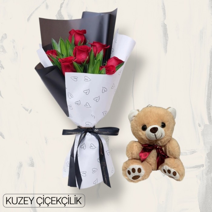 7 Kırmızı Gül Buketi Ayıcık