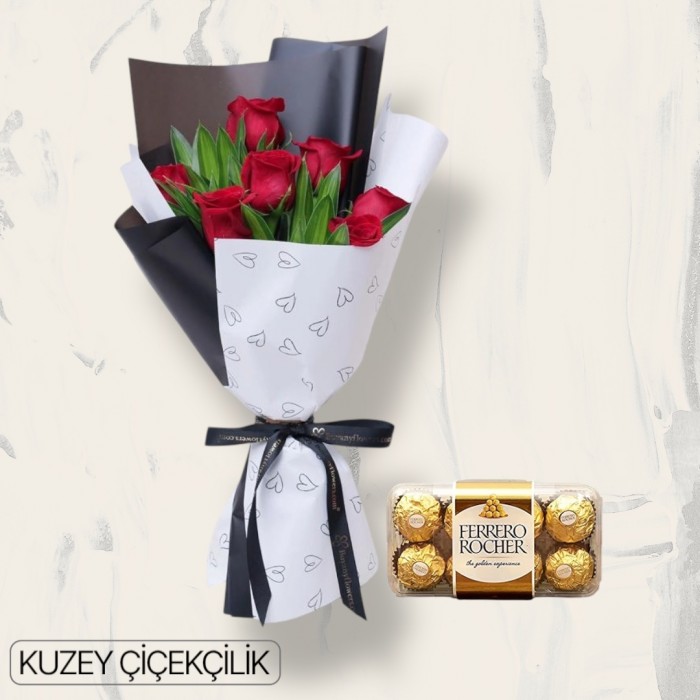7 Kırmızı Gül Buketi 16lı Ferrero Çikolata