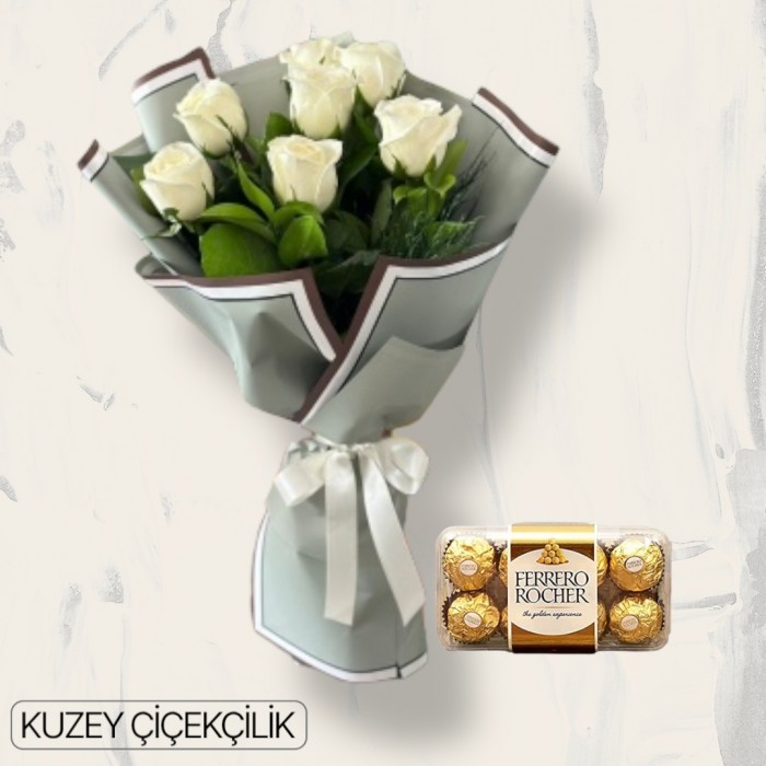 7 Beyaz Gül Buketi 16lı Ferrero Çikolata