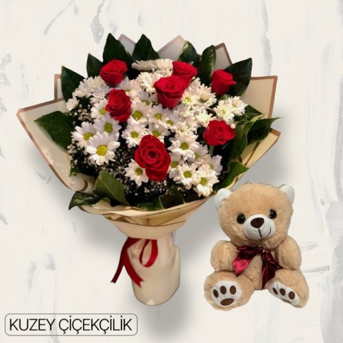 7 Güllü Papatya Buketi Ayıcık 