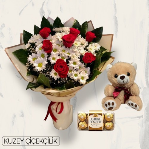 7 Güllü Papatya Buketi Ayıcık 16'lı Ferrero Çikolata 