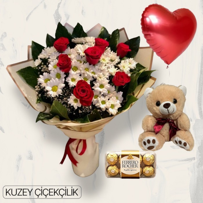 7 Güllü Papatya Buketi Ayıcık 16lı Ferrero Çikolata Kalp Helyum Balon