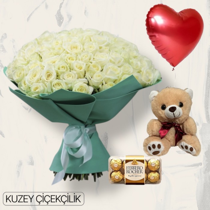 71 Beyaz Gül Buketi Ayıcık 16lı Ferrero Çikolata Kalp Helyum Balon