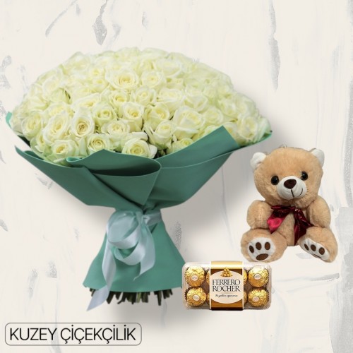 71 Beyaz Gül Buketi Ayıcık 16'lı Ferrero Çikolata