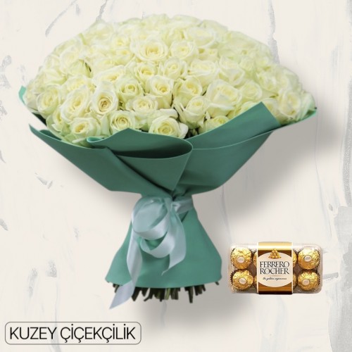 71 Beyaz Gül Buketi 16'lı Ferrero Çikolata