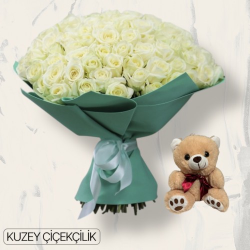 71 Beyaz Gül Buketi Ayıcık