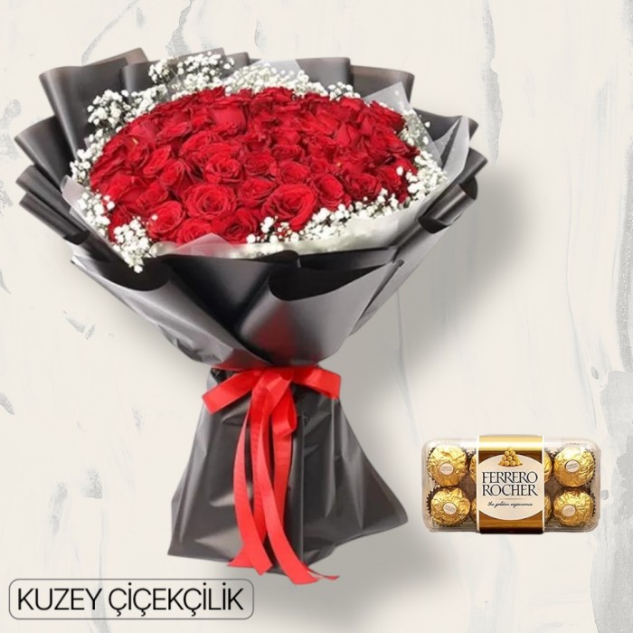 61 Kırmızı Gül Buketi 16lı Ferrero Çikolata