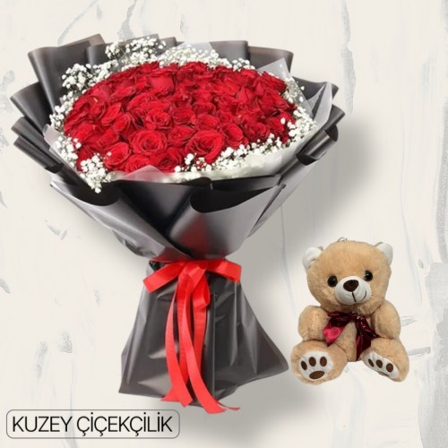 61 Kırmızı Gül Buketi Ayıcık