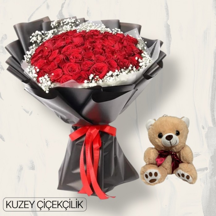 61 Kırmızı Gül Buketi Ayıcık