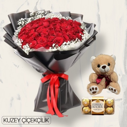 61 Kırmızı Gül Buketi 16'lı Ferrero Çikolata ve Ayıcık