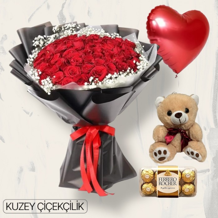 61 Kırmızı Gül Buketi 16lı Ferrero Çikolata Ayıcık Kalp Helyum Balon