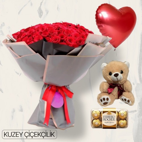 91 Kırmızı Gül Buketi 16'lı Ferrero Çikolata Ayıcık Kalp Helyum Balon