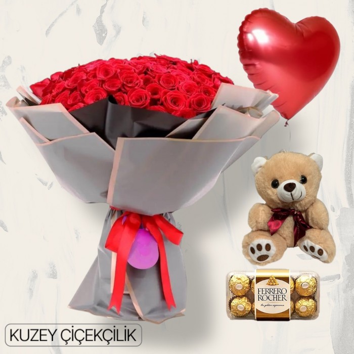 91 Kırmızı Gül Buketi 16lı Ferrero Çikolata Ayıcık Kalp Helyum Balon