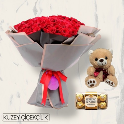 91 Kırmızı Gül Buketi 16'lı Ferrero Çikolata ve Ayıcık