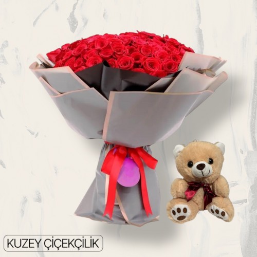 91 Kırmızı Gül Buketi Ayıcık