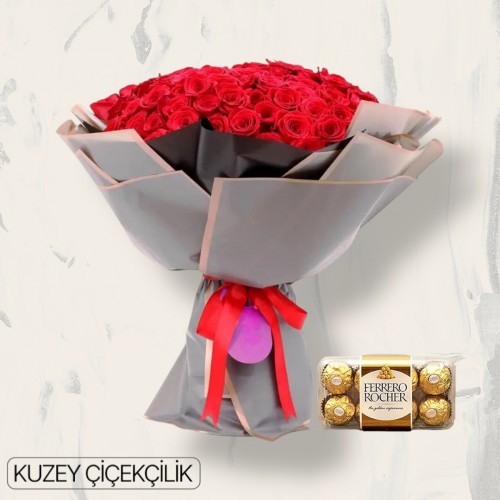 91 Kırmızı Gül Buketi 16'lı Ferrero Çikolata