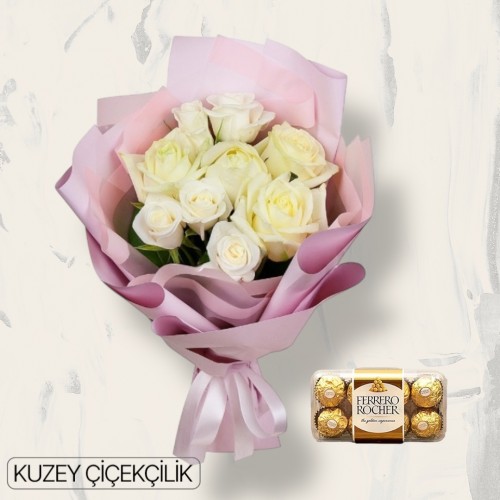 9 Beyaz Gül Buketi 16'lı Ferrero Çikolata