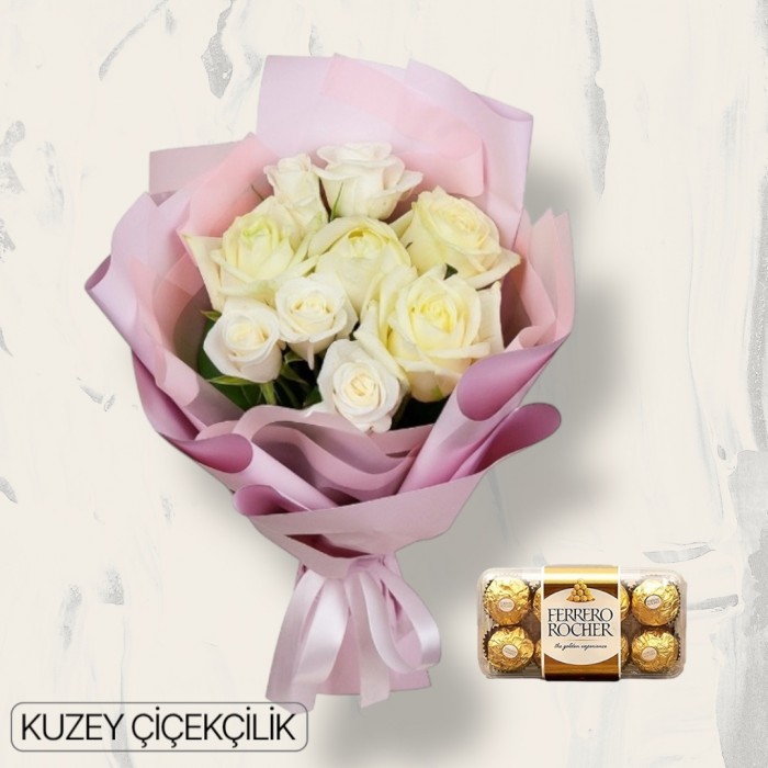 9 Beyaz Gül Buketi 16lı Ferrero Çikolata